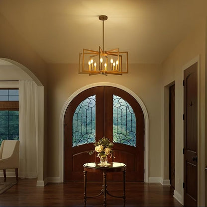 8-Light Modern Farmhouse Gold Geometric Chandelier, Large Industrial Metal Kitchen Light Fixtures, Rustic Cage Hanging Lights for Dining Room Entryway Foyer Living Room Stairway