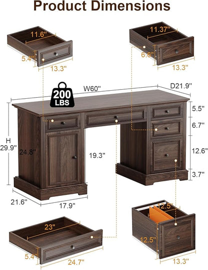 Vipbear 60" Farmhouse Executive Office Desk with Drawers and File Cabinet, Embossed Texture Wood Home Office Desk, Rustic Computer Desk, Workspace for Work Study Writing, Dark Brown