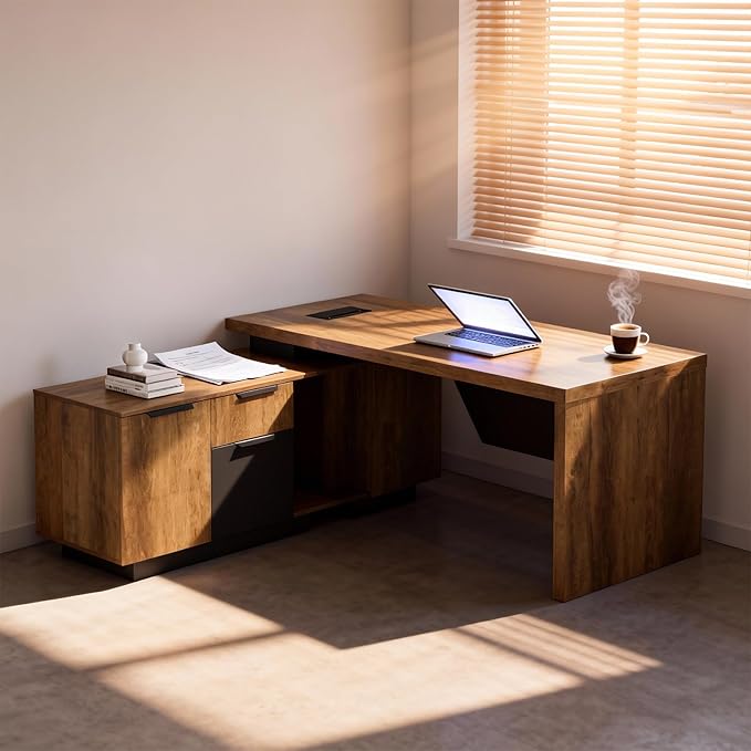 Retractable L-Shaped Executive Desk, Modern Office Desk with Drawers and Lateral File Cabinet, Large Computer Desk with Storage Shelves, Workstation for Home Office (Left Return, 70.86 - 78.7 IN)