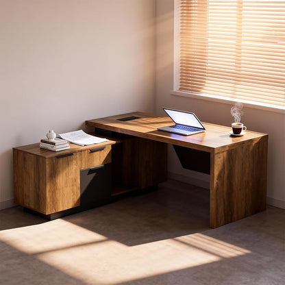 Retractable L-Shaped Executive Desk, Modern Office Desk with Drawers and Lateral File Cabinet, Large Computer Desk with Storage Shelves, Workstation for Home Office (Left Return, 70.86 - 78.7 IN)