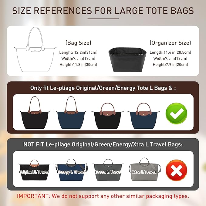 Doxo Felt Purse Organizer Insert Compatible with Longchamp Lepliage Large and More, Felt Bag Liner Keeps Tote Handbags Shaped & Neat (Black,Large)