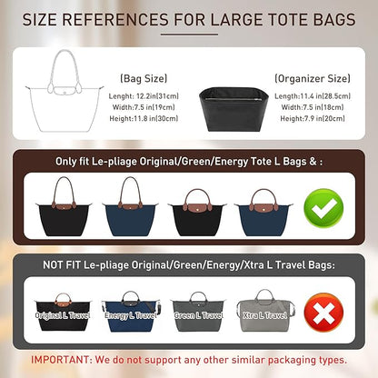 Doxo New DupontPaper Purse Organizer Insert Compatible with Longchamp Le Pliage L Handbag Insert, Lightweight Waterproof Le Pliage Large Organizer(Black&Brown, Large)