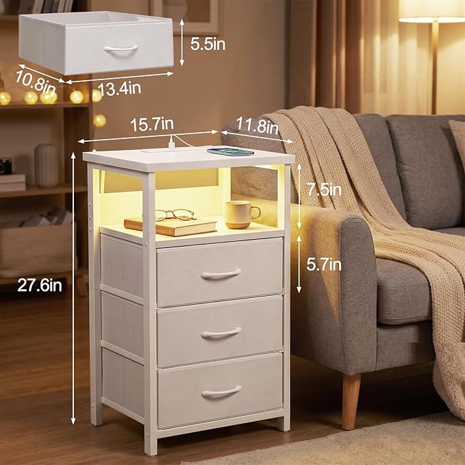 Fixwal White Nightstand with Charging Station, LED Night Stand with 3 Fabric Drawers and Open Shelf, Bedside End Table in Bedroom