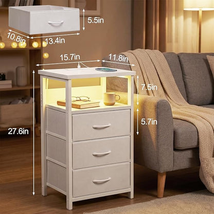 Fixwal White Nightstand with Charging Station, LED Night Stand with 3 Fabric Drawers and Open Shelf, Bedside End Table in Bedroom