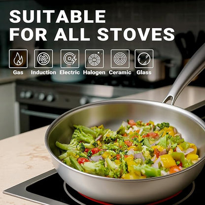 Kirecoo Tri-Ply Stainless Steel Pan - 12 Inch Frying Pan, Fast and Even Heat Stainless Steel Skillet, Induction Cookware, Dishwasher and Oven Safe Skillet
