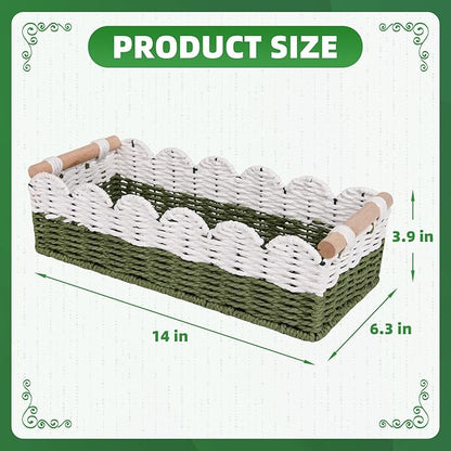 Scalloped Edge Toilet Paper Storage Basket for Bathroom Decor,Handwoven Small Paper Rope Tank Basket for Over Toilet Storage Shelf, End Table,Shelves and More, with 2 Wooden Handle