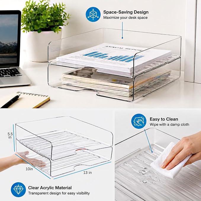 DCA Large Capacity Desk Organizer, 2 Tier Paper Organizer, Letter Tray File Organizer for Desk, Stackable Paper Tray for Office, Home and School