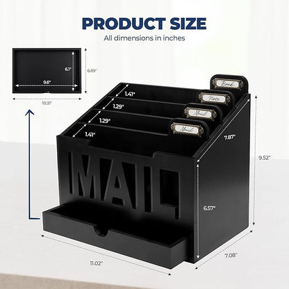 Mail Organizer Countertop – Black Holder for Desk with 4 Slots, Drawer & Label Tags, Decorative Desktop Sorter, Envelope Tray for Home Office Organization (11x7x9.5 in)