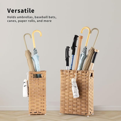 Rattan Umbrella Stand, Umbrella Holder for Entryway, Hand Woven Umbrella Rack Organizer Freestanding, with a Detachable Drip Tray, 4 Hooks, 11.8" L x 5.5" W x 16.5" H, Natural