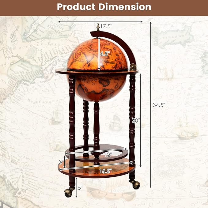 Goplus Globe Bar, 17.5” Liquor Globe Bar Cart with Wheels, Bottom Shelf, Old World Map, 16th Century Italian Replica Retro Wine Alcohol Stand, Globe Bar Cart for Dining Room Living Room Home