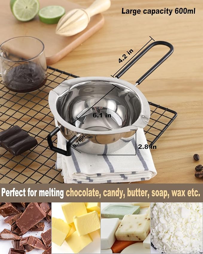 Double Boiler Pot Set, Stainless Steel Melting Pot with Silicone Spatula for Melting Chocolate, Soap, Wax, Candle Making (600ml and 1600ml)