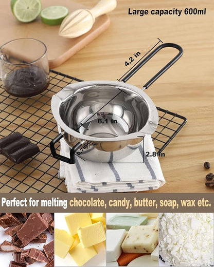 Double Boiler Pot Set, Stainless Steel Melting Pot with Silicone Spatula for Melting Chocolate, Soap, Wax, Candle Making (600ml and 1600ml)
