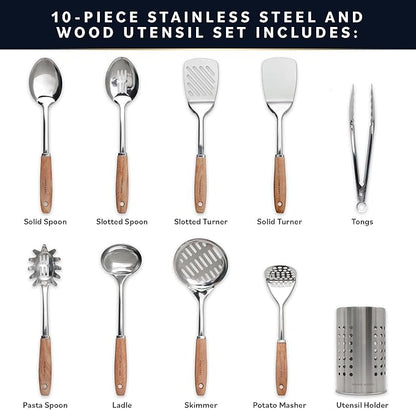 Home Hero Stainless Steel Kitchen Utensils Set - Wood Handle Nonstick Stainless Steel Cooking Utensils Set - Heat Resistant Kitchen Essentials & Metal Kitchen Gadgets (Silver & Wood)