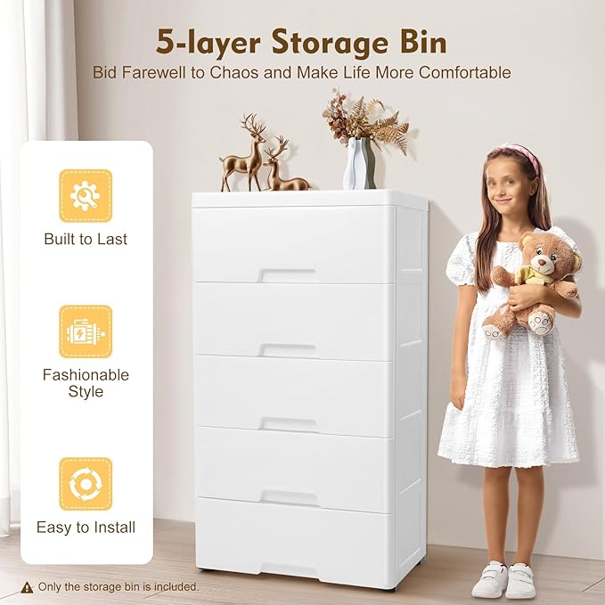 Plastic Dresser for Bedroom with 5 Drawers,Stackable Vertical Storage Tower, Small Dresser Chest of Drawers, Mobile Drawer Storage Cabinet with Wheels for Hallway Entryway,Bedroom Furniture (White)