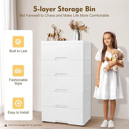 Plastic Dresser for Bedroom with 5 Drawers,Stackable Vertical Storage Tower, Small Dresser Chest of Drawers, Mobile Drawer Storage Cabinet with Wheels for Hallway Entryway,Bedroom Furniture (White)