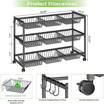 3-Tier Rolling Pantry Cart on Wheels with 9 Removable Baskets, Sturdy Pantry Floor Organizer and Storage, Kitchen Storage Cart for Fruit Vegetables, Snack Organizer for Pantry Kitchen Living Room