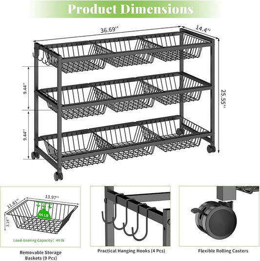 3-Tier Rolling Pantry Cart on Wheels with 9 Removable Baskets, Sturdy Pantry Floor Organizer and Storage, Kitchen Storage Cart for Fruit Vegetables, Snack Organizer for Pantry Kitchen Living Room