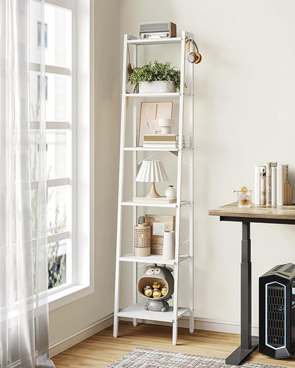 Ladder Shelf, Bookshelf Bookcase, Freestanding Corner Storage Shelve with 2 Hooks for Home Office, Living Room, Kitchen, Bedroom, Industrial, 6-Tier White BC13313W