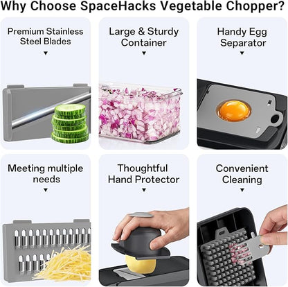 SpaceHacks 12-in-1 Vegetable Chopper, Kitchen Gadgets with 7 Blades, Veggie, Food, Onion Chopper, Cucumber Slicer, Versatile Mandoline, Includes Egg Separator & Finger Guard, Gray