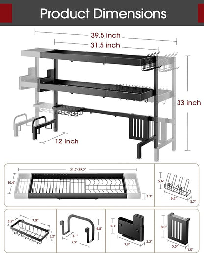 Sakugi Over The Sink Dish Drying Rack, Expandable 3-Tier Stainless Steel Kitchen Storage Organization Accessories for Countertop, Rustproof & Space-Saving, 31.5"–39.5" L x 12" W x 33" H, Black