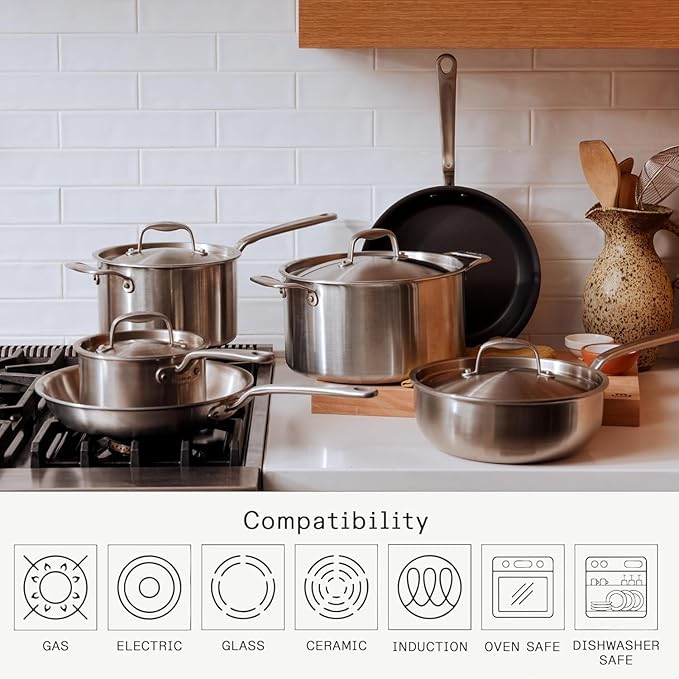 Made In Cookware - 10 Piece Stainless Steel Pot and Pan Set - 5 Ply Clad - Includes Stainless Steel Frying Pans, Saucepans, Saucier and Stock Pot W/Lid - Professional Cookware - Crafted in Italy