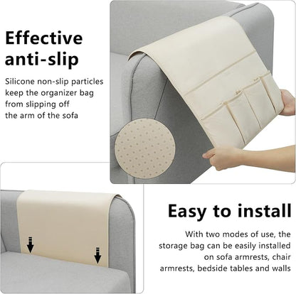 Remote Control Holder for Armchair，Couch Caddy Organizer TV Remote Holder for Bed Storage 5 Pockets，Remote Caddy Bedside Organizer Bedside Table Organizer (Beige, 35''x18'')