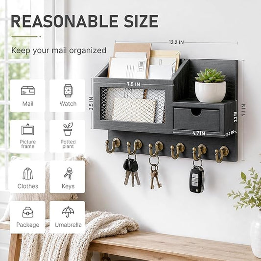 FifthQuarter Key and Mail Holder for Wall, Mail Organizer Wall Mount with 6 Hooks and Storage Drawer, Easy Installation Key Rack for Entryway and Home Decor (B-Black)