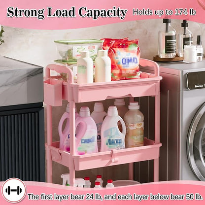SUNALLY 3 Tier Rolling Cart with Drawer, Bathroom Storage Organizer with 2 Lockable Wheels, Multifunctional Rolling Storage Cart for Bathroom, Kitchen, Office, Craft, Makeup, Baby Essentials, Pink