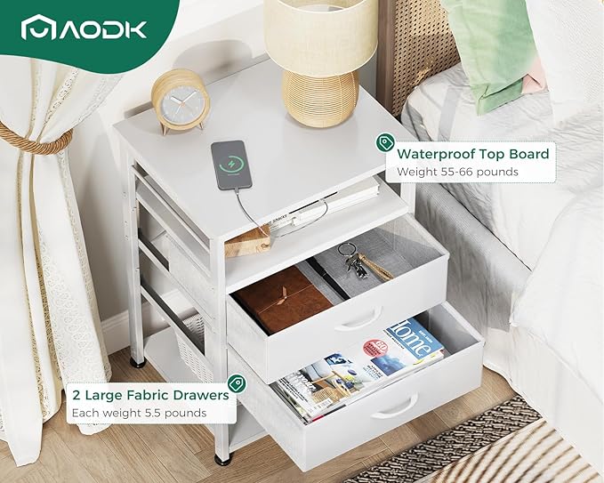AODK Night Stand with Charging Station, End Table for Bedroom Tall Nightstand with Drawers, Small Nightstand for Bedroom, 4 Tier Storage Bedside Table, White