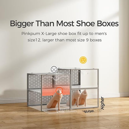 Pinkpum 15 Pack X-Large Shoe Storage Boxes Fit Size 11, Shoe Organizer for Closet Clear Plastic Stackable Shoe Dispaly Case Bins Holder, Sneaker Storage for Sneakerheads Gray