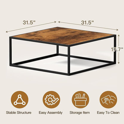 31.5" Square Coffee Table, Mid-Century Modern Brown Center Table for Living Room, Floor Table for Sitting on The Floor, Wood Cocktail Tea Contemporary Tables with Metal Frame for Office Apartment Home