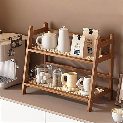 Coffee Station Organizer, Mug Holder Countertop, Kitchen Counter Shelf for Tea Coffee Bar Accessories, Matcha Stand, Cup Display, Condiment Storage Rack, 2 Tier, Brown