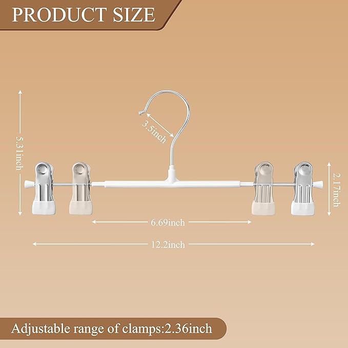 30PACK Pants Hangers with Clips Adjustable Skirt Hangers for Women White Metal Non-Slip Trousers Hanger Heavy Duty Space Saving Clothes Hanger for Shorts,Jeans,12Inch