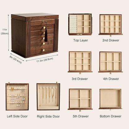 6-Layer Black Walnut Wooden Jewelry Box with Lock and Key, Large Luxury Jewelry Organizer Box for Women, Ideal Christmas Gift for Wife, Mom or Her, Earring & Necklace Storage with Ring Trays