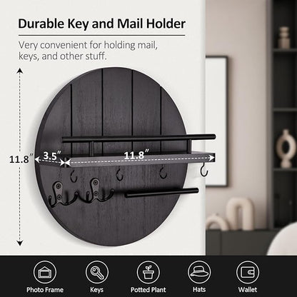 Nekon Rustic Key & Mail Organizer, Circular Wooden Key Hanger with 6 Hooks & Shelf - Wall Mount Entryway Hallway Kitchen (Black)