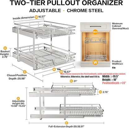 2-Tier Kitchen Cabinet Pull Out Shelf and Drawer Organizer Slide Out Pantry Storaqe Basket in Multiple Sizes (19" W x 21" D)