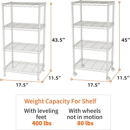 SINGAYE 4 Small Shelves Storage Shelf Wire Shelving Unit Metal Shelf Adjustable Organizers Storage Shelving with Wheels for Bathroom Laundry Room Kitchen Pantry11.5”D x 17.5”W x 30.5”H White