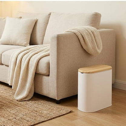 Small Bathroom Trash Can with Lid, 10L/2.6 Gal Slim Wastebasket - Odor & Pet Proof, Inner Bucket & Wood Grain Top, Plastic White Garbage Can for Kitchen, Bedroom, Living Room, Office, RV