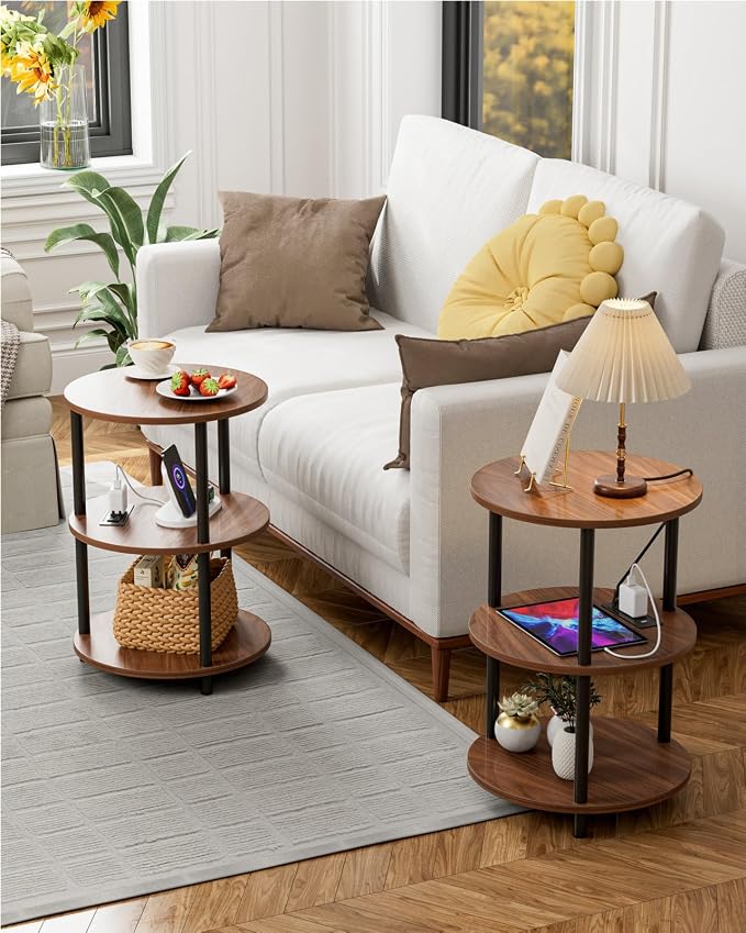 XBurmo Small Round End Table - 3 Tier Design Accent Table, Narrow Side or Bedside Stand, Industrial Vintage Table for Small Spaces, Built-in USB Ports and Power Outlet, Rustic Walnut
