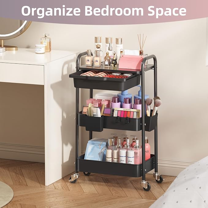 3 Tier Metal Rolling Utility Cart with Drawer & Lockable Wheels - Heavy Duty Multifunctional Storage Organizer with 2 Cups and 4 Hooks for Bathroom, Kitchen, Snack, Craft, Makeup, Baby Essentials