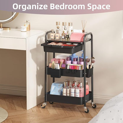 3 Tier Metal Rolling Utility Cart with Drawer & Lockable Wheels - Heavy Duty Multifunctional Storage Organizer with 2 Cups and 4 Hooks for Bathroom, Kitchen, Snack, Craft, Makeup, Baby Essentials