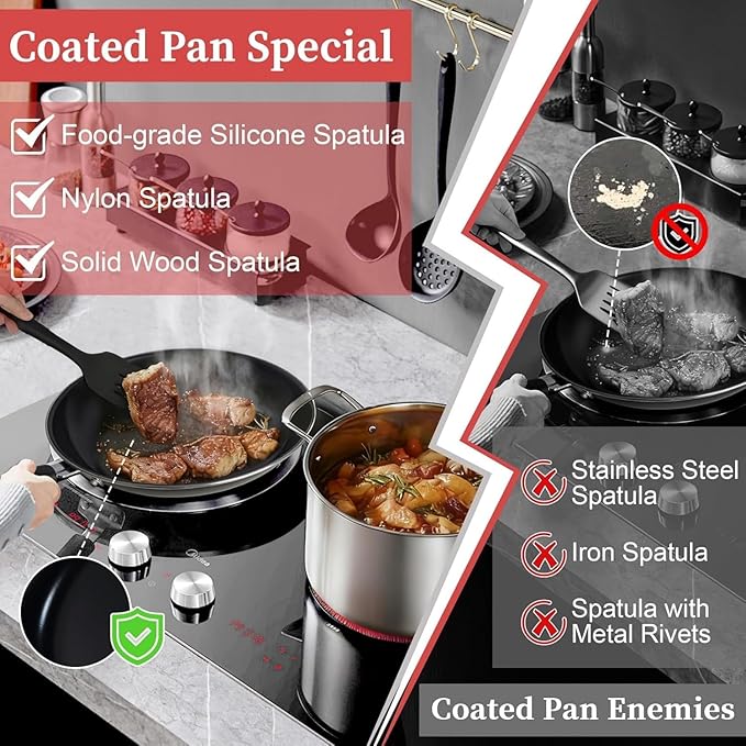 Nonstick Frying Pan Set - Iron Frying Pan 3-Piece Set (8", 10", 12") + 2 Silicone Spatulas, With Premium Nonstick Coating, Up to 450°F, Skillet Suitable for Induction, Gas & More