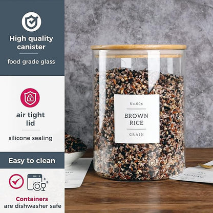 HHMJSM Large Glass Storage Jars With Airtight Bamboo Lid - 100 Fl Oz Thicken Kitchen Glass Food Storage Canister With 42 Pantry Labels - Big Clear Flour And Sugar Containers Farmhouse