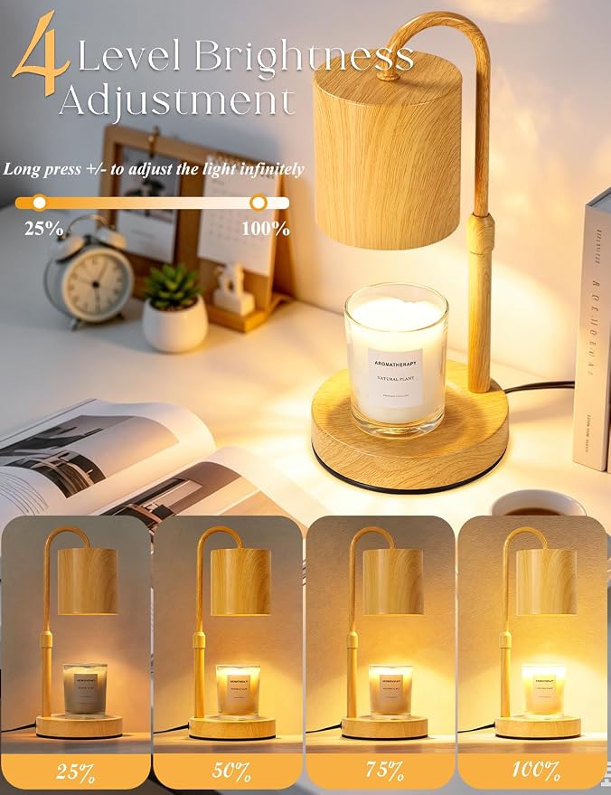 Briever Dimmable Candle Warmer Lamp with Timer, Height Adjustable Electric Candle Wax Warmer, Birthday Gifts for Women Mom, House Warming Gifts New Home Decor, Solid Wood Base, Wood Grain