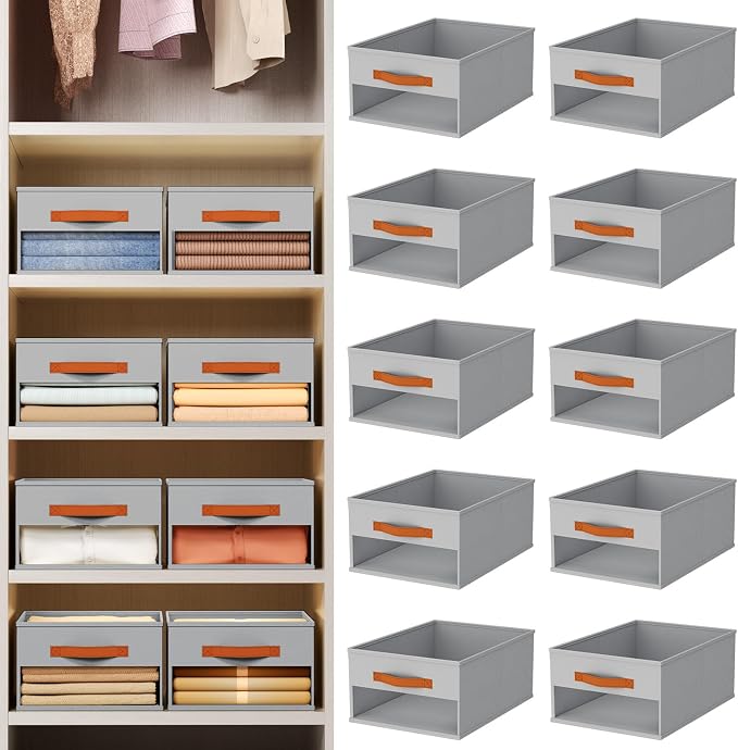 Homsorout Drawer Organizers and Storage - 10 Pack Foldable Pants Organizer with Clear Window & Handles, Fabric Closet Organizer for Clothes, Jeans, Sweaters, Towels, T-shirt, Scarf (Grey)