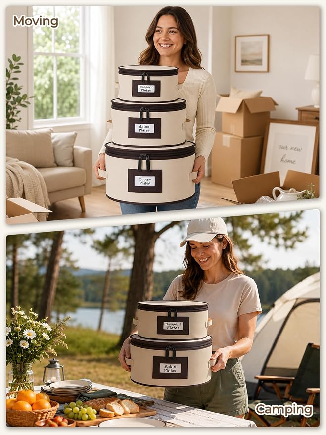 punemi China Storage Containers, 4 Pack Hard Shell Plate Dish Storage Cases with Padded Dividers & Quilted Lining, Stackable Dinnerware Storage Protectors for Moving Boxes & Holiday Storage, Beige