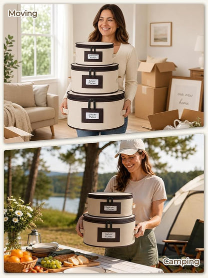 punemi China Storage Containers, 4 Pack Hard Shell Plate Dish Storage Cases with Padded Dividers & Quilted Lining, Stackable Dinnerware Storage Protectors for Moving Boxes & Holiday Storage, Beige