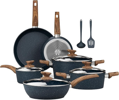 Kitchen Academy Pots and Pans Set Non Stick - 12 Piece Induction Kitchen Cookware Sets, Blue Granite Nonstick Cooking Pans Set