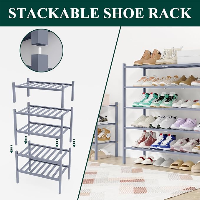 Smiry Long Bamboo Shoe Rack, 4 Tier Free Standing Wooden Shoe Organizer, Stackable Wood Shoe Storage Shelf for Closet, Entryway, 12 Vertical Slats, 2+2 Stack Standard Legs, 33.7"x11"x26", Grey