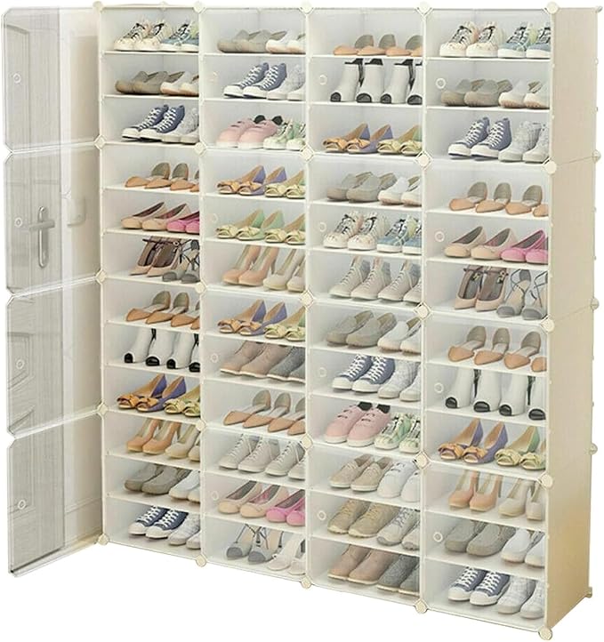 12 Tier Portable Shoe Shelf Storage Shoe Rack Organizer 96 Pair Shoe Storage Cabinet with Transparent Door Easy Assembly Plastic Stackable Shoe Box Free Standing DIY Expandable Large Capacity